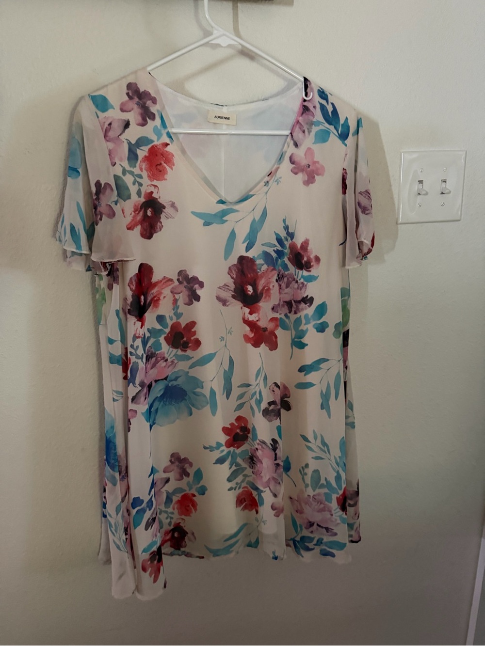 Adrienne Cream Floral V-Neck Tunic with Blue, Red and Purple Accents